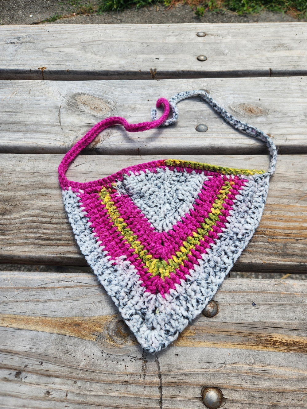 Handmade Crochet Triangle Sling Bag in Gray, Fuchsia & Lime